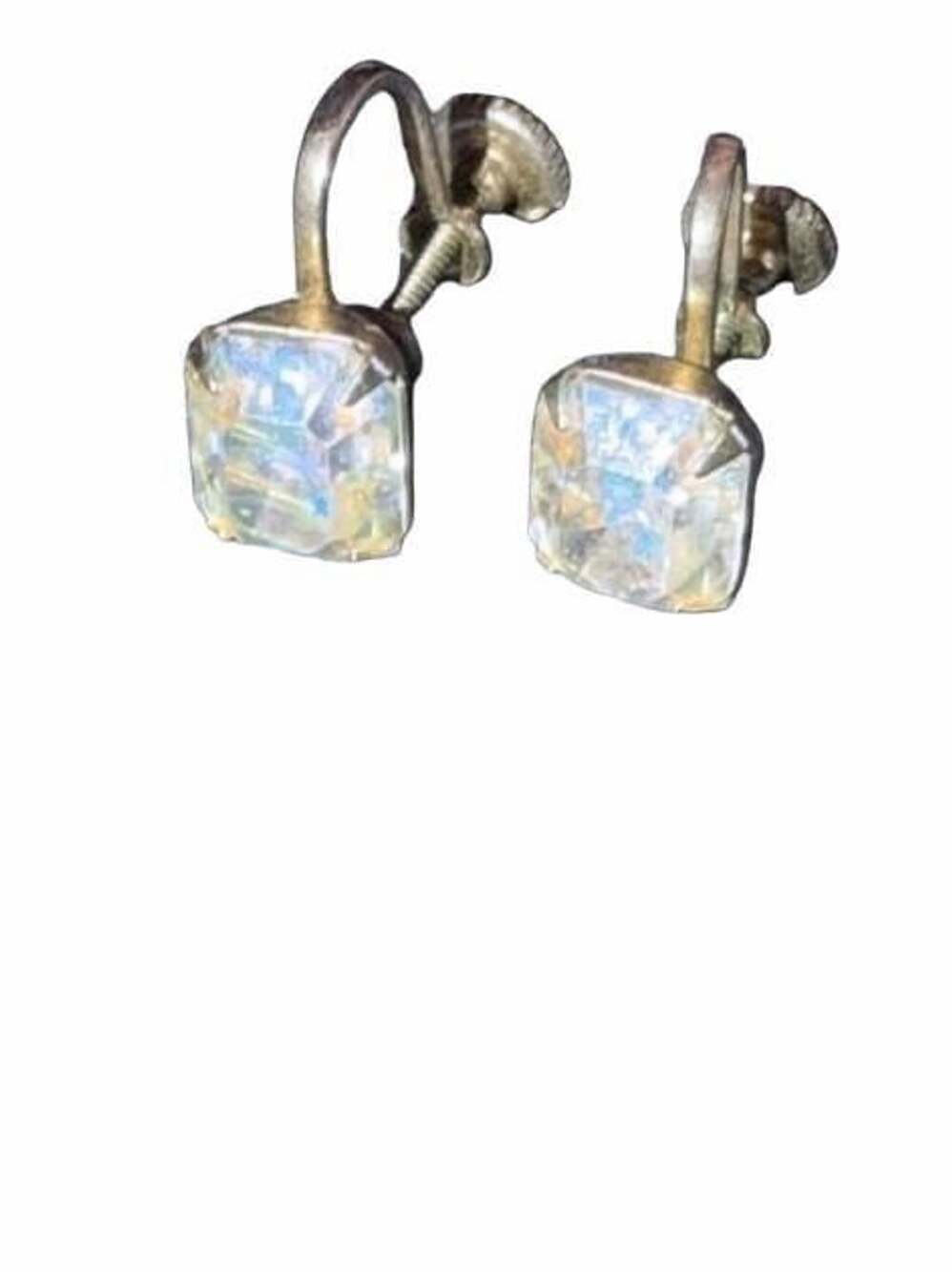 Vintage Sterling Silver Square Cut Crystal Screw-Back Earrings